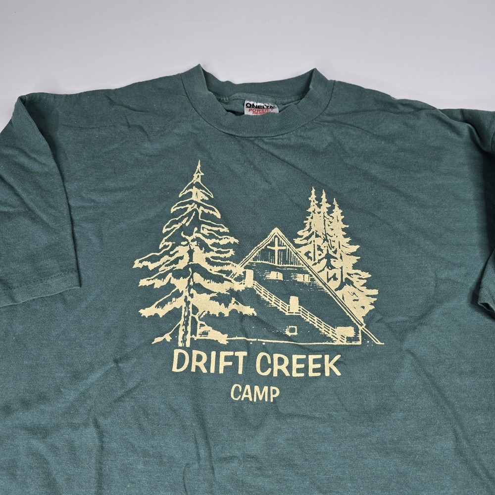 Vintage Drift Creek Camp T Shirt Mens XL Green Oneita Power-T USA Made 90s Tee